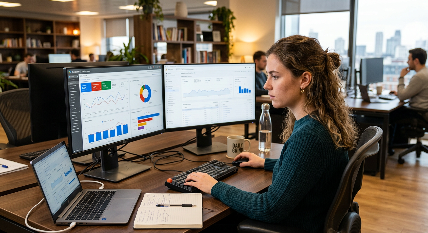 Professionnelle gérant seule ses campagnes Google Ads avec analyses de performance
