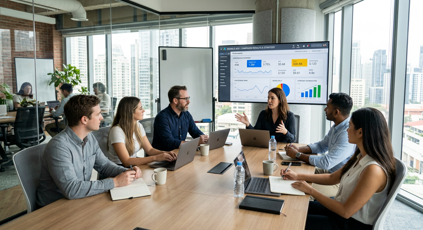 Réunion d'équipe en agence pour présentation de résultats de gestion Google Ads
