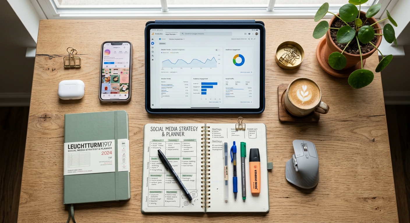 Outils essentiels pour la gestion des réseaux sociaux disposés sur un bureau
