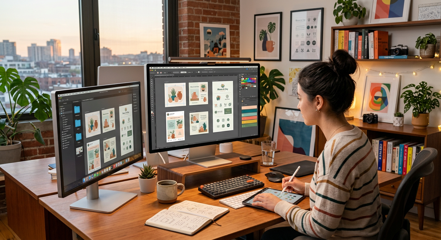 Interface de création graphique pour contenus réseaux sociaux sur ordinateur