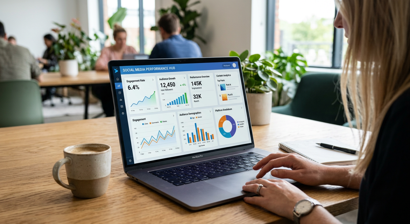 Tableau de bord d'analyse des performances des réseaux sociaux avec graphiques