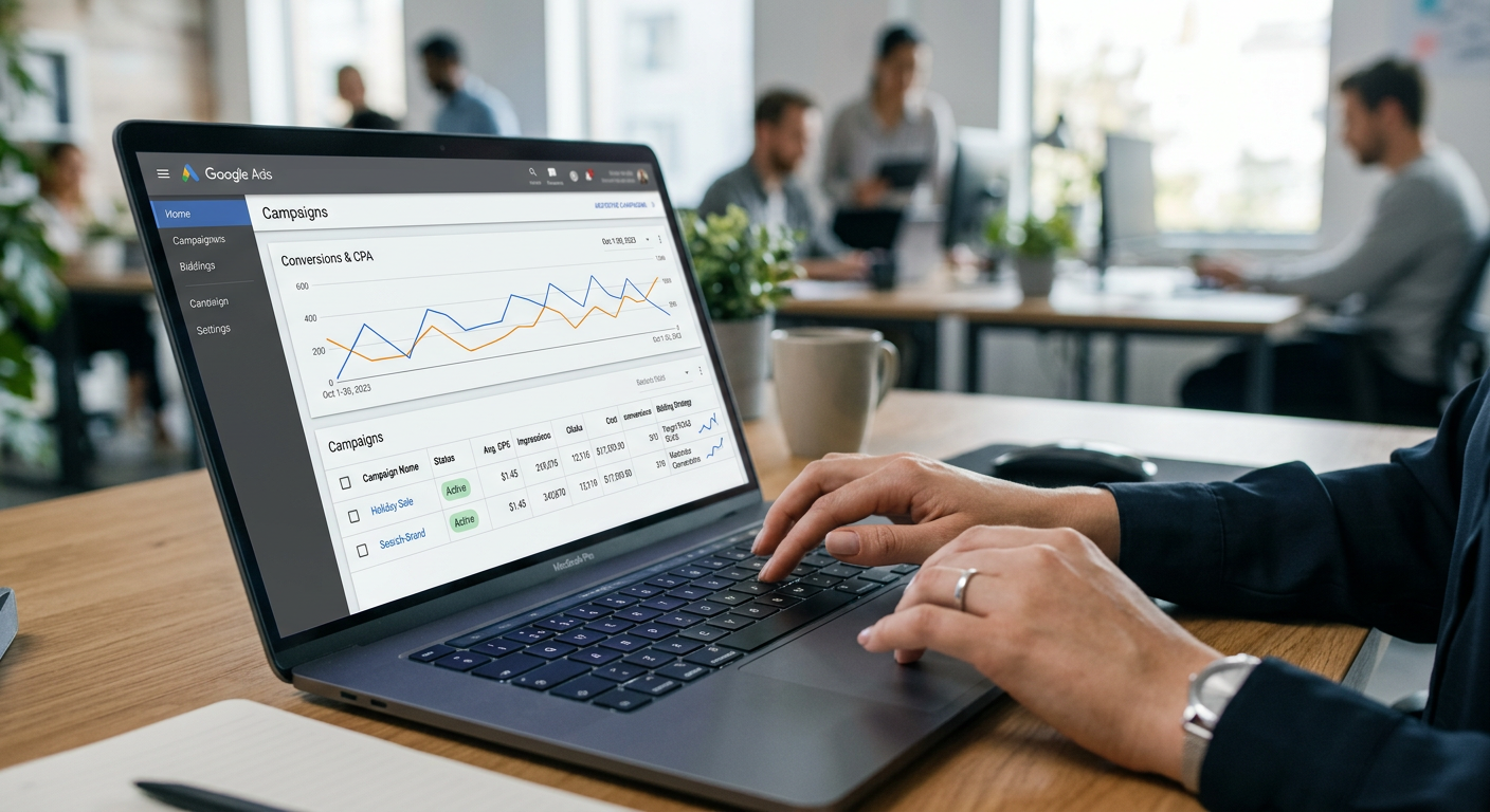 Interface Google Ads avec système d'enchères sur écran d'ordinateur
