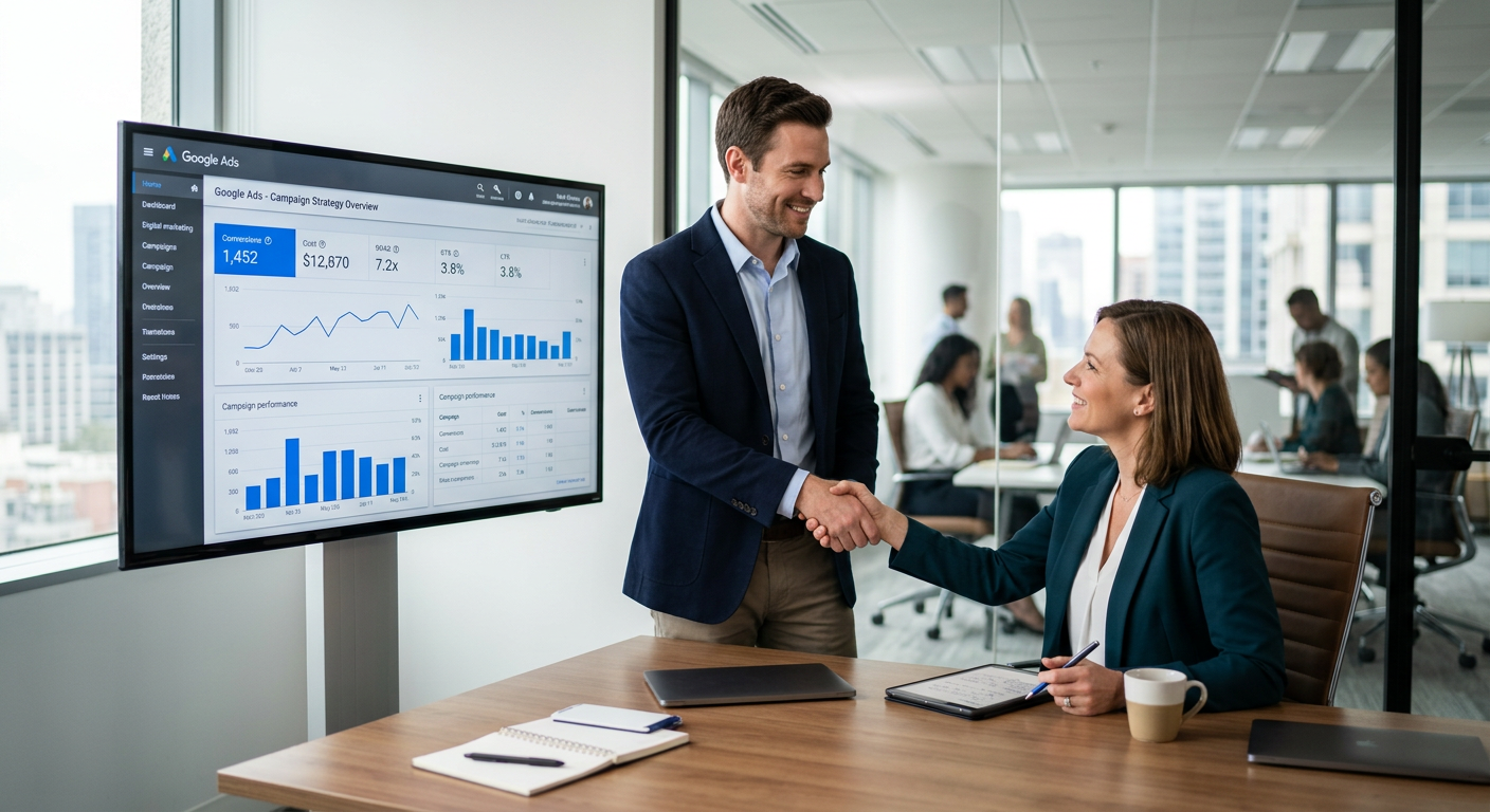 Consultant présentant une stratégie Google Ads à un client en réunion
