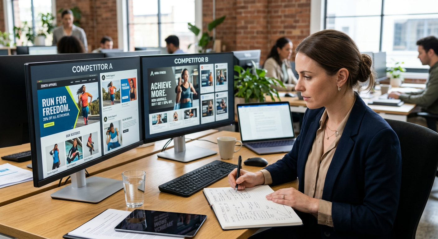 Professionnel comparant les annonces concurrentes sur écran pour analyse SEA