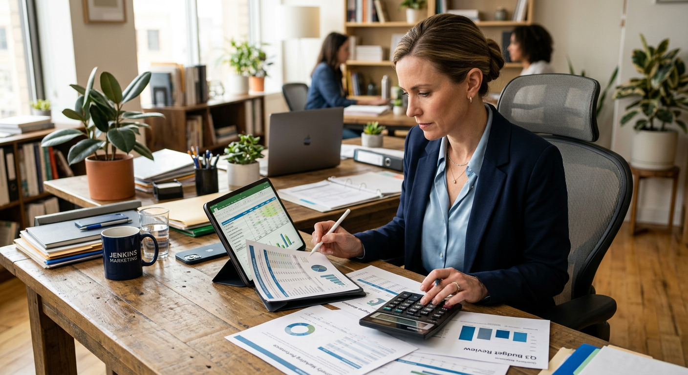 Entrepreneur définissant son budget publicitaire Google Ads avec documents financiers