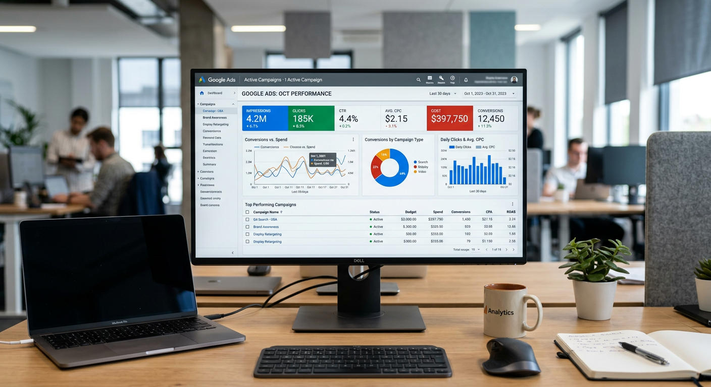 Tableau de bord avec indicateurs de performance et KPI d'une campagne Google Ads