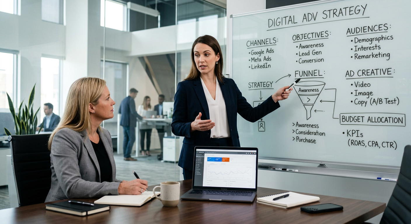 Consultant expliquant une stratégie publicitaire digitale à un client en entreprise